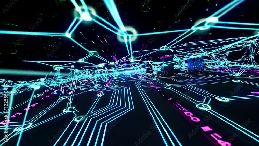 Poster explore a vibrant digital landscape filled with glowing connections and intricate network patterns a