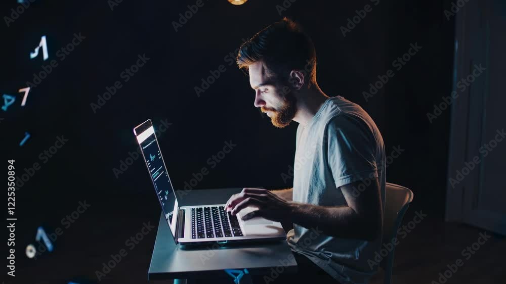 Fototapete exploring data analytics in a dark room with a focused professional working on a laptop