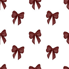 Watercolor seamless pattern with burgundy bow. Print with festive red ribbon bow. Design and decoration, wallpaper, background, wrapping paper. Christmas and New Year, elegant holiday.