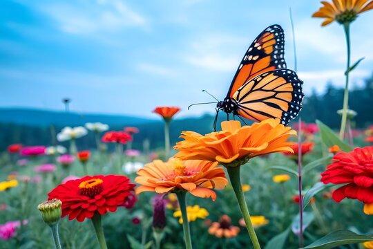Nature background wildflowers against a blue sky on a sunny day with butterflies. Monarch butterfly with large orange and black wings monarch flower invertebrate.