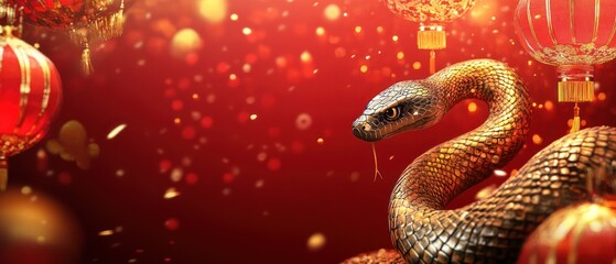 Fototapeta premium A Golden Snake Slithers Amidst Red Chinese Lanterns And Sparkling Lights, Celebrating The Chinese New Year.
