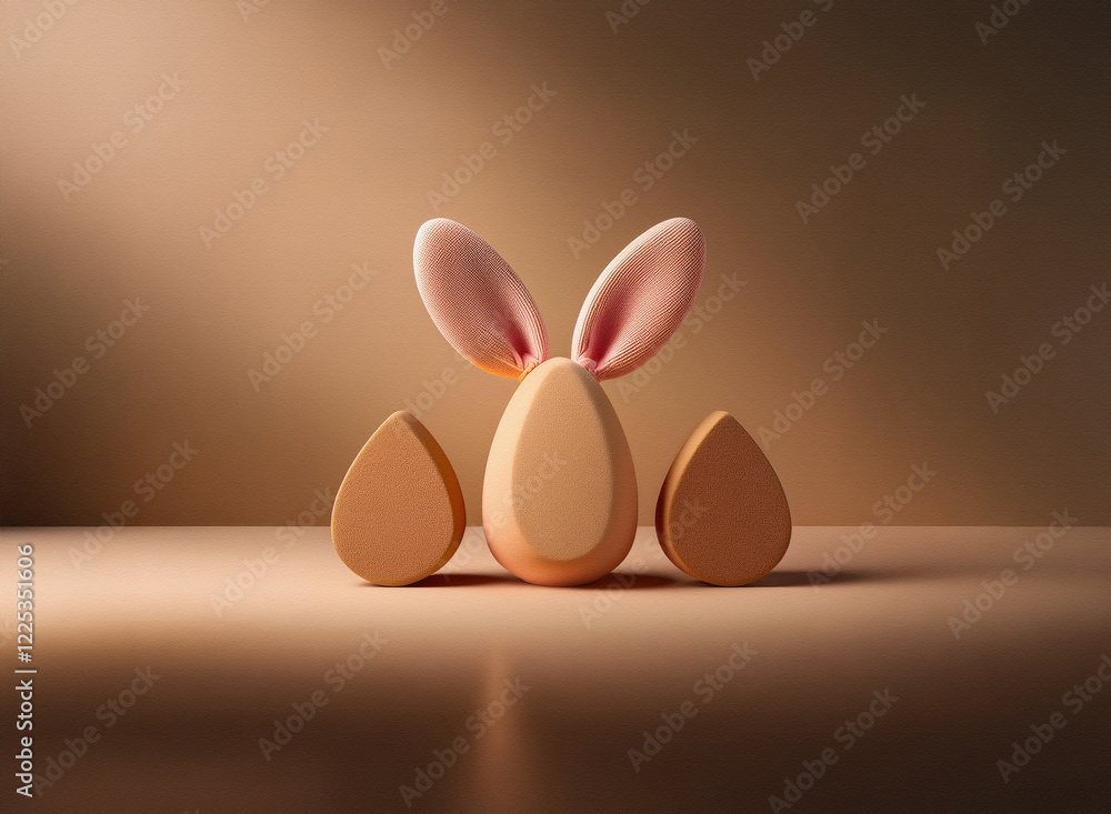 Poster a 3d render of a beige egg with bunny ears, flanked by two smaller beige egg shapes. subtle lighting