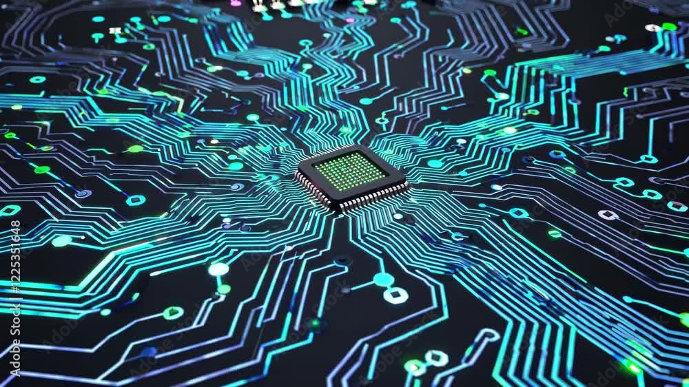 Poster exploring the intricate design of a microchip with vibrant circuit patterns