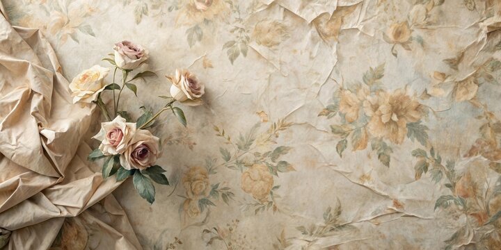 Elegant pastel roses on antique floral fabric background