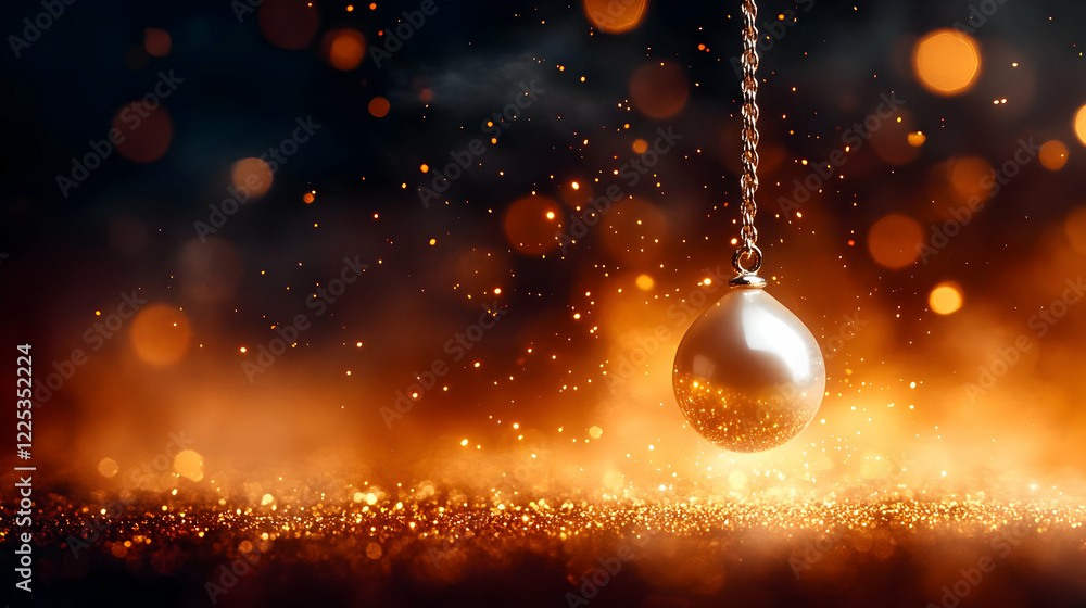Poster a mesmerizing close-up of a shiny pendulum swinging in a magical, illuminated environment.