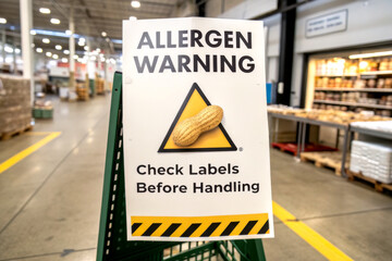 A warning sign indicating allergens, specifically peanuts, with instructions to check labels before handling, set in a warehouse environment.