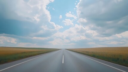 Expansive highway stretching into the horizon under a cloudy blue sky with fields on either side