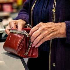 Eine alte Frau bezahlt an der Kasse mit Kleingeld, das sie in ihrem Portemonnaie sucht.