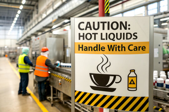 A safety sign warns about hot liquids in a factory setting, with workers in safety gear handling equipment in the background.