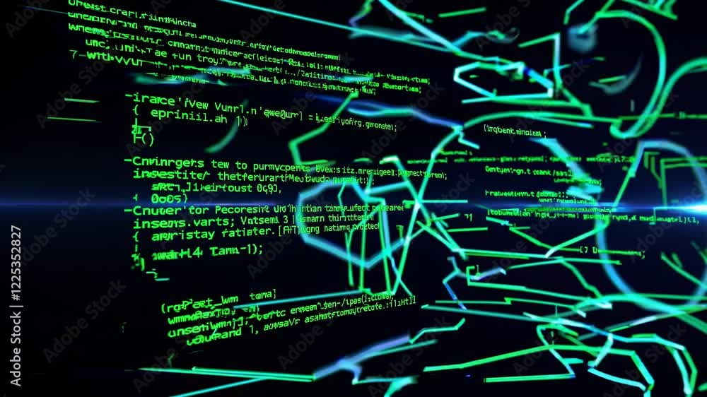 Poster exploring digital landscapes with codes and algorithms in a vibrant virtual environment