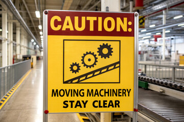 A warning sign indicating to stay clear of moving machinery, emphasizing safety in an industrial environment.