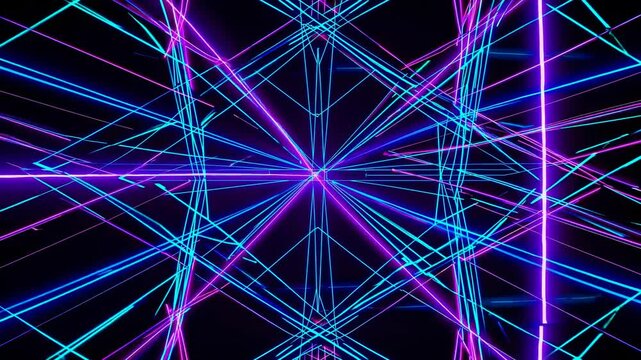 Dynamic laser light show with vibrant colors and patterns in urban setting at night