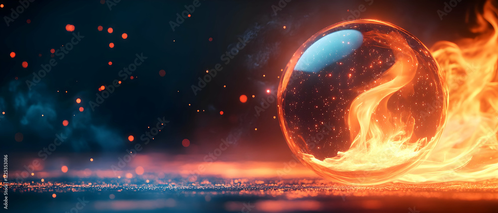 Poster a mesmerizing orb engulfed in flames, set against a dark, smoky backdrop, creating a captivating vis