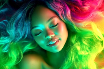 Fototapeta premium Long haircut - highlighted hair. Lovely happy mixed-race girl - for ads, poster and online marketing use. Commercial digital ads pattern. Colored hair beauty. African american beauty styles.