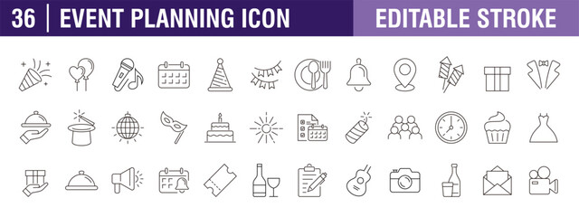 Collection of event planning icons. Lifestyle, party, festival, celebration. Vector design template, signs, symbols, editable stroke.