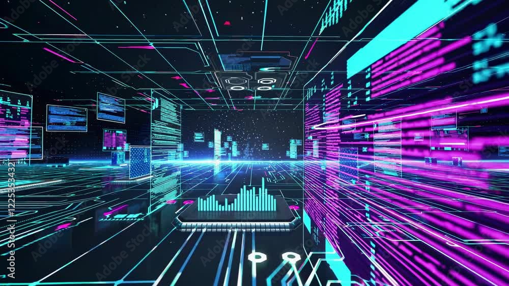 Poster exploring a futuristic virtual environment filled with digital data and neon lights