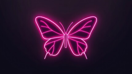 Fototapeta premium A pink butterfly logo icon, glowing in a neon style, against a dark background, with no shadow on the background, in a front view.