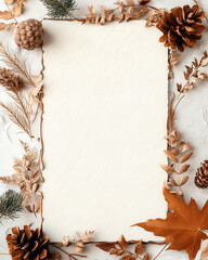 Cream template with a textured background and a central rectangular photo frame. Botanical illustrations frame the bottom and sides, with text space in the top-right corner.