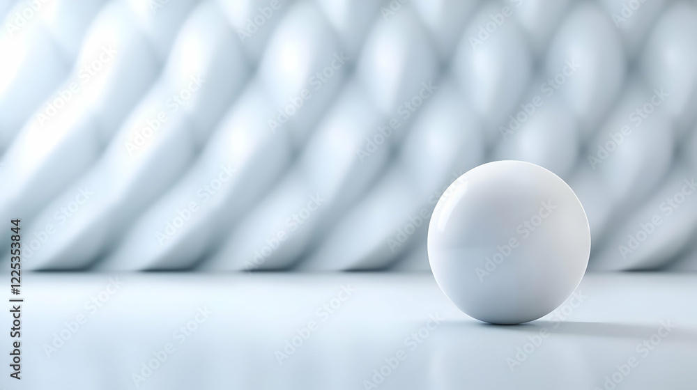 Poster a minimalist white sphere positioned on a smooth surface against a textured white background for mod