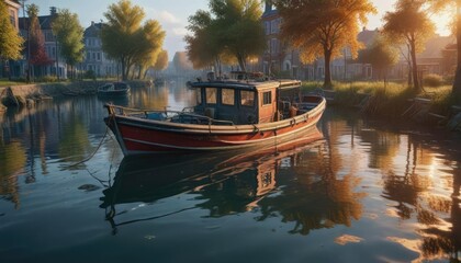 Obraz premium Fishing boat partially submerged in canal water, rusty hull, canal water