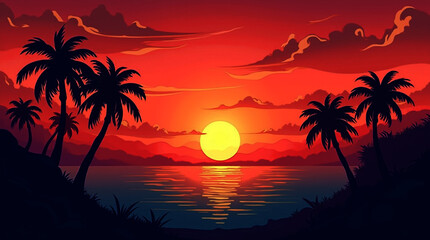 Tropical beach at sunset with sparkling ocean, light sand, and a blurred horizon.