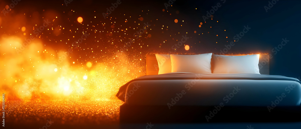 Poster a modern bedroom setting with an explosion of colors and dynamic lighting creating a vibrant atmosph
