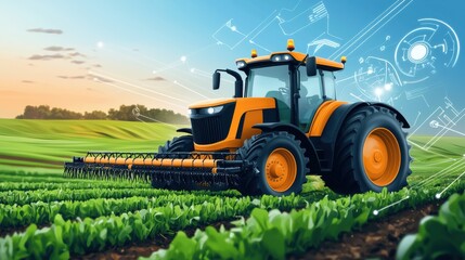 Fototapeta premium Modern Tractor Cultivating Lush Green Field at Sunset