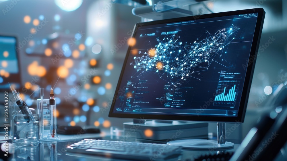Poster futuristic data analytics dashboard with holographic infographic elements
