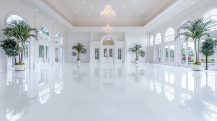 Fototapeta premium Empty white luxury ballroom with reflective floors, crystal chandeliers, and potted palm trees under bright natural light.