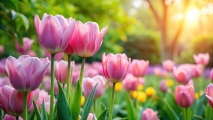 Pastel pink tulips blooming in a garden surrounded by lush greenery and vibrant flowers, creating a warm and inviting atmosphere, pink flowers, nature backdrop