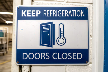 A sign instructing to keep refrigeration and doors closed, featuring an image of a fridge and thermometer, emphasizing temperature control.