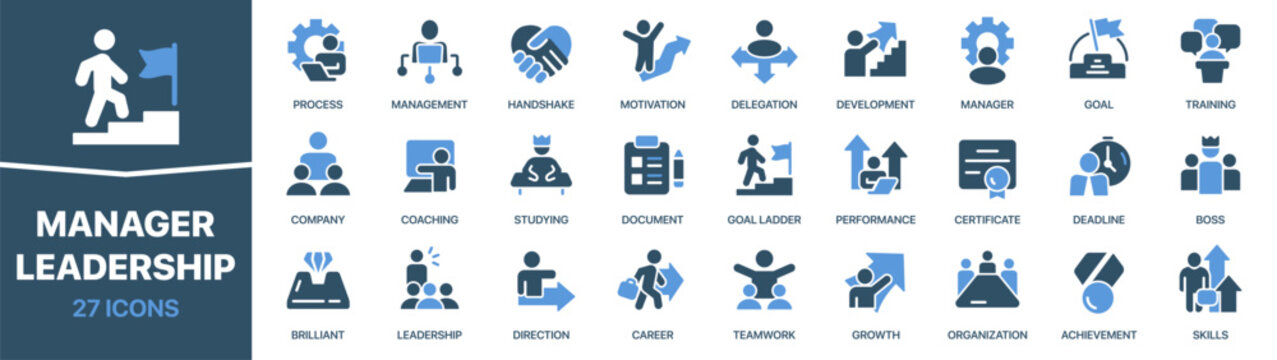 Manager and leadership colored signed icon collection. Management, motivation, goal, coaching, boss icons. UI icon set. Colored icons pack. Vector illustration