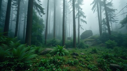 Obraz premium Foggy, misty forest clearing with tall trees and ferns, overgrown with wildflowers and moss-covered rocks in the distance, grunge, fog, misty