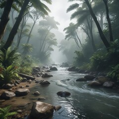 Foggy mountain stream in the heart of a Caribbean rainforest, diffuse light, rainforest