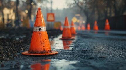 Roadwork cones line wet street, city background