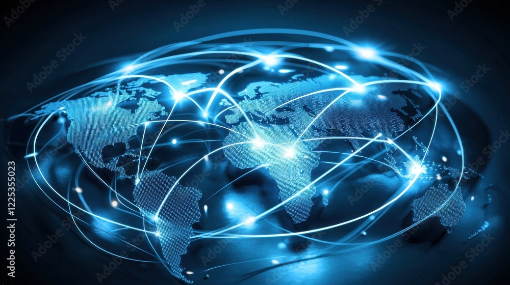 Poster global interconnected digital network with world map showing worldwide communication and data techno