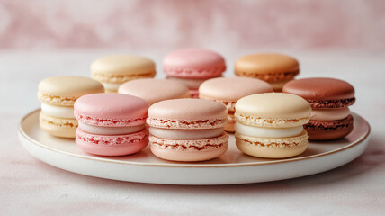 Fototapeta premium Delicious macarons arranged on plate, showcasing pastel colors and delicate textures. These sweet treats evoke joy and indulgence, perfect for any dessert lover