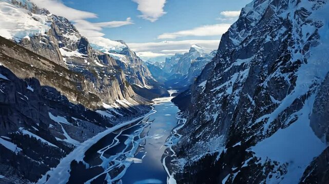 Aerial view flying over picturesque mountain ridge snowy rock texture sun light blue sky landscape. FPV sports drone empty alpine scenery winter glacier freeze valley Landscape