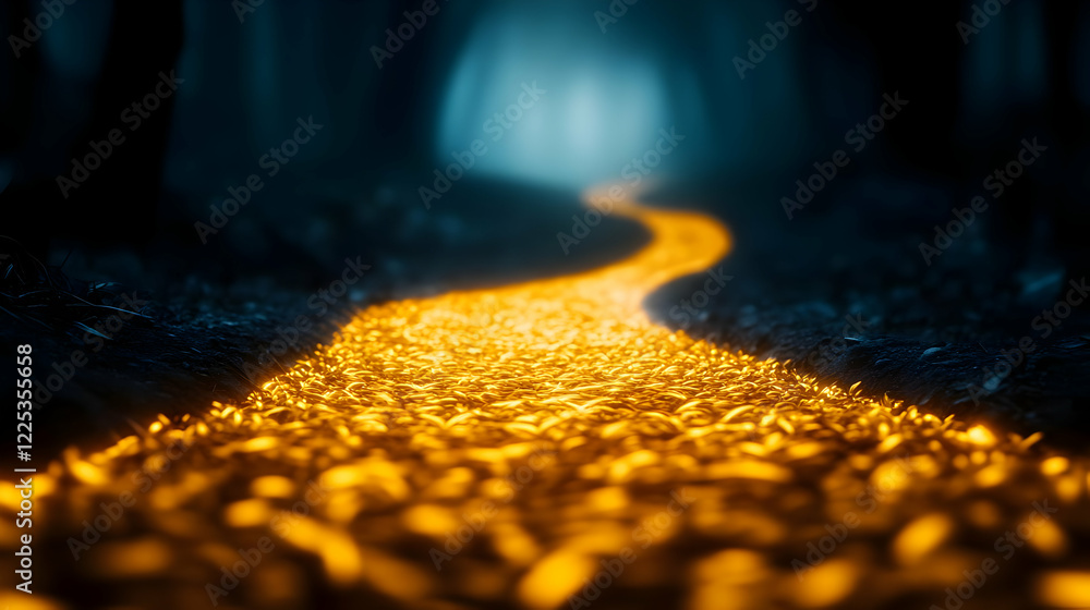 Poster a mysterious, illuminated path through a dark forest, creating an enchanting atmosphere and inviting