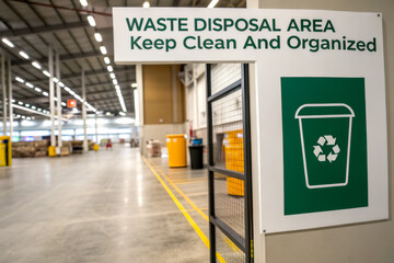 A clear sign indicates a waste disposal area, emphasizing cleanliness and organization in a spacious facility.