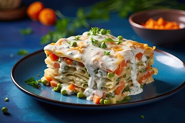 Italian vegetable lasagna with white sauce large portion on blue plate Homemade vegetarian dish with peas carrots and cheese
