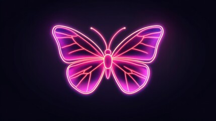 Fototapeta premium A pink butterfly logo icon, glowing in a neon style, against a dark background, with no shadow on the background, in a front view.