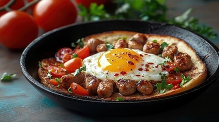 Fototapeta premium Sunny-side up egg, sausage, and tomato breakfast skillet