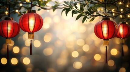 Red Chinese Lanterns Hang From A Tree Branch, Illuminated Against A Bokeh Background. It Evokes A Festive And Celebratory Mood, Perfect For Lunar New Year Or Other Special Occasions.