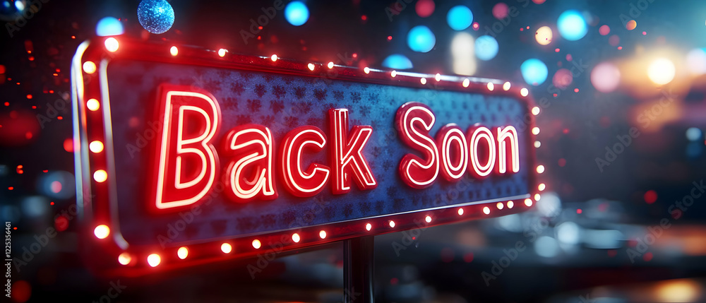 Poster a neon-lit sign displaying 'back soon', creating an inviting and vibrant atmosphere, ideal for vario