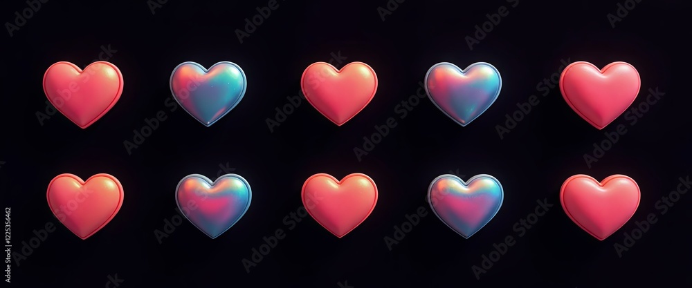 Poster a row of colorful hearts are displayed on a black background. the hearts are of different colors and