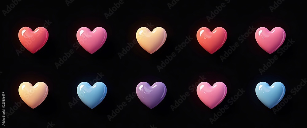 Poster a row of colorful hearts are displayed on a black background. the hearts are of different colors and