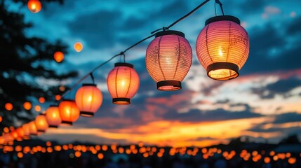 Obraz premium Sunset Scene With A String Of Glowing Paper Lanterns Hanging Overhead, Creating A Warm And Inviting Atmosphere.