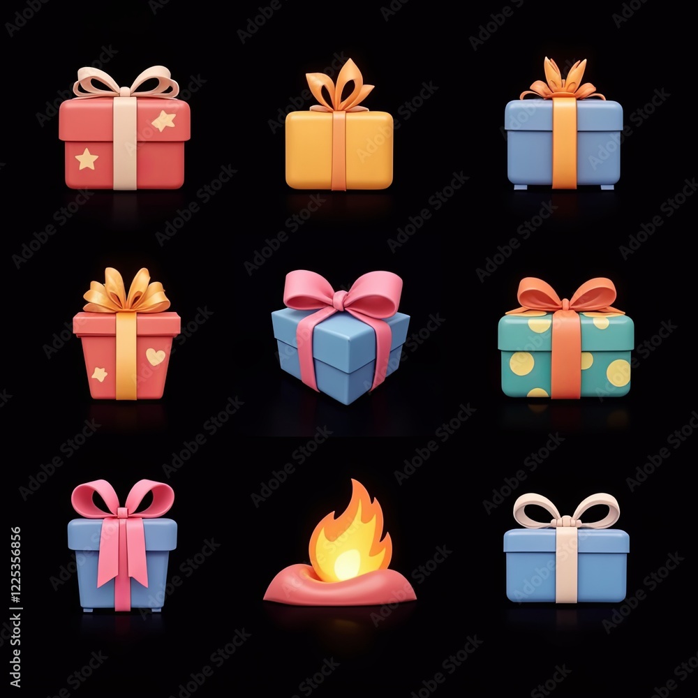 Aufkleber a set of colorful boxes with bows on them, one of which has a fire on it. the boxes are all differen