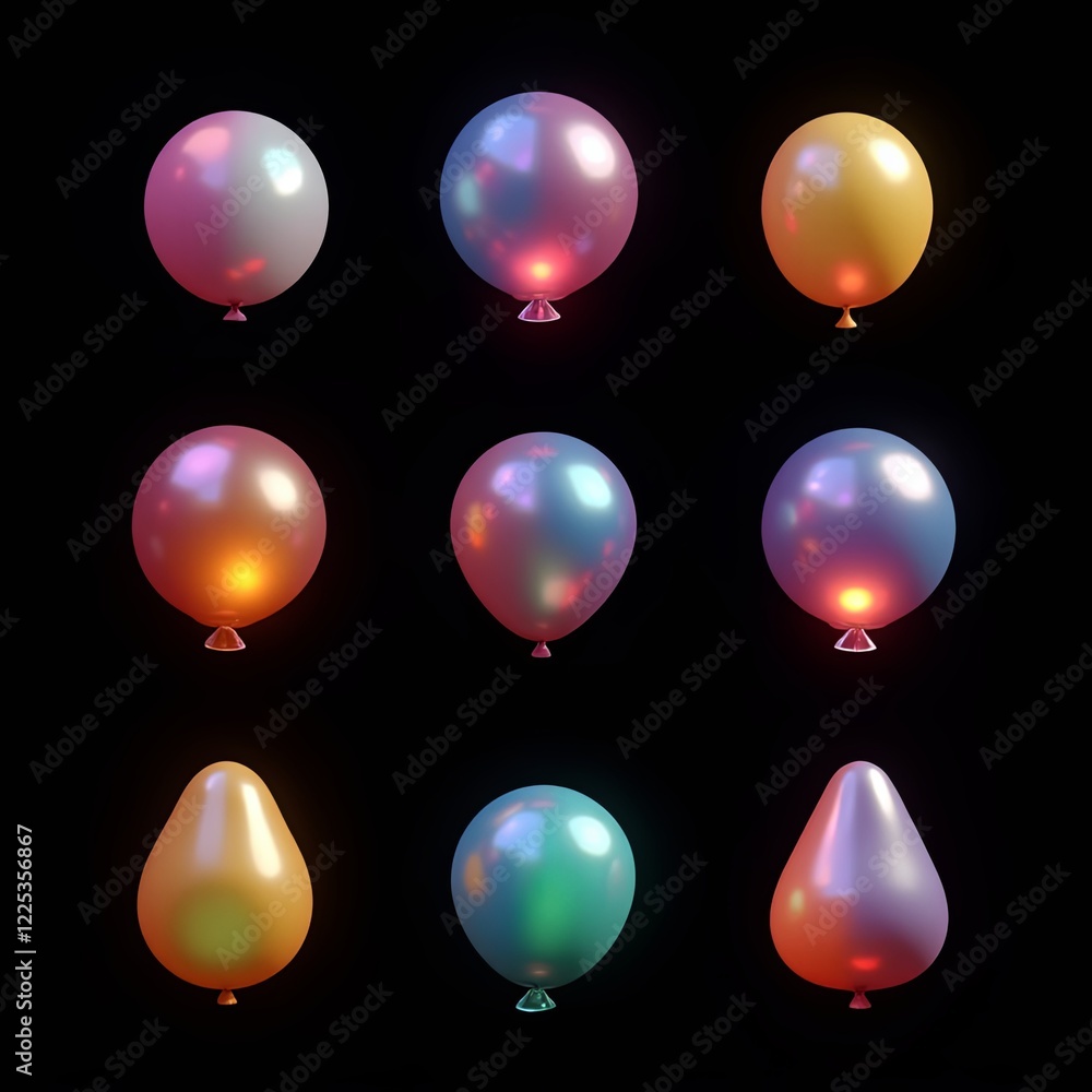 Poster a set of colorful balloons in various shapes and sizes. the balloons are lit up and appear to be flo